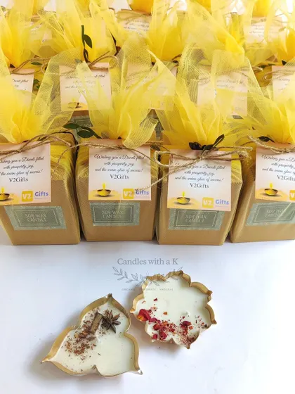 My Urli candles packaged as corporate Diwali gifts for V2Gifts, showcasing the custom branding and festive presentation.