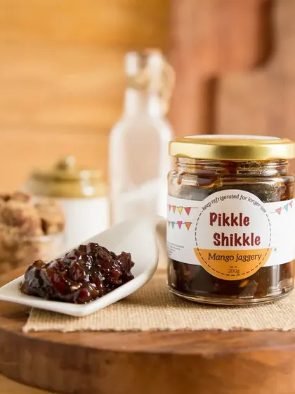 My special Mango Jaggery pickle, a sweet and tangy delight. I use jaggery for a healthier, more traditional sweetness.
