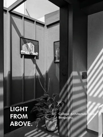 Our own workspace underlines what we believe in: using daylight as a design tool. Here, light from a slatted window casts strong diagonal shadows, demonstrating how simple architectural elements can create powerful graphic compositions.