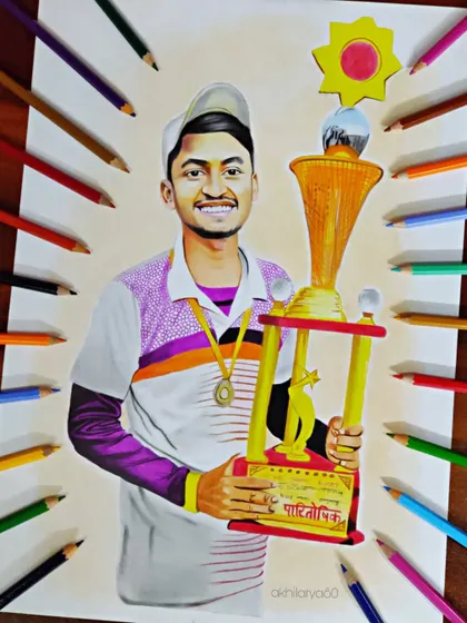 A portrait celebrating an achievement. This A3 colored pencil drawing captures a young man proudly holding his trophy, making for a very special and motivational piece.