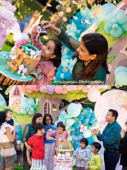 Capturing the joy of the moment is what it's all about. The birthday girl's delight is clear as she celebrates with her family, cutting into a custom-designed cake that is a miniature work of art itself.
