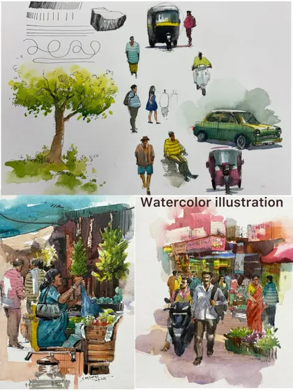 A sheet of watercolor illustration demos, including studies of figures, vehicles, trees, and full market scenes.