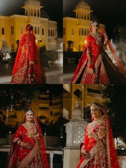A stunning collage of the bride in her traditional red lehenga. Each portrait highlights her beauty, the intricate details of her attire, and the magical nighttime ambiance of the venue.
