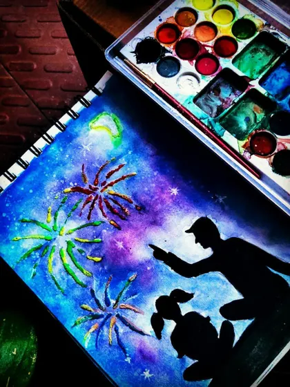 This special watercolor painting was a Father's Day dedication, inspired by a personal memory of watching fireworks with my dad. It features a silhouette against a galaxy-like night sky.