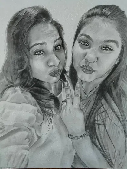 A fun and modern portrait of two friends, based on their photo. It's a great way to celebrate friendship with a unique piece of art.