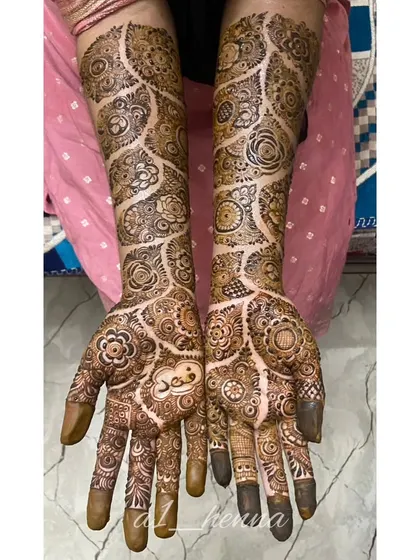 For this semi-bridal design, I included the name 'Fahad' in elegant script on the palm, making it a unique and personal piece of art.