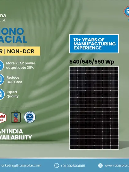Our Mono Facial panels are available across India and built to export quality standards. They offer more rear power output and help reduce BOS cost, making them an efficient and cost-effective solution.