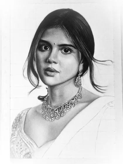 Further progress on the Kalyani Priyadarshan drawing. The necklace is now fully shaded with intricate details, and work has begun on the saree.