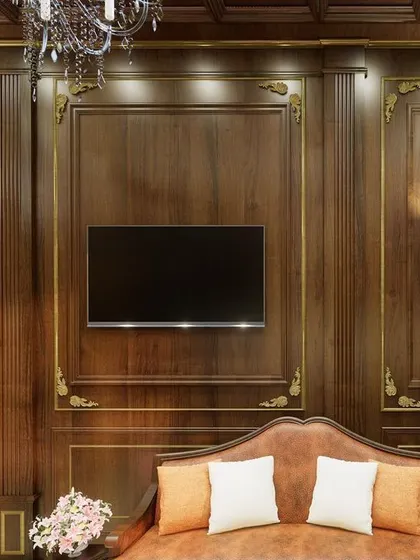 A close-up of the TV wall in the classic office, showcasing the intricate wood paneling with gold-leaf details. The design exudes warmth, luxury, and traditional craftsmanship.