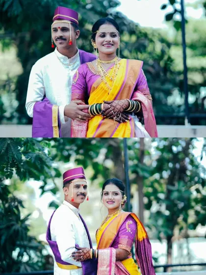 Two classic couple portraits against a natural, green backdrop. The images showcase their beautiful Maharashtrian outfits and happy smiles.