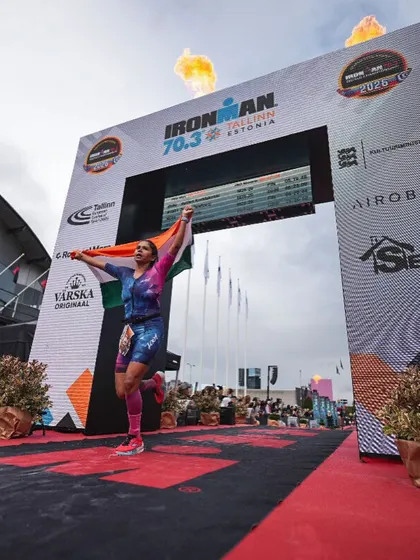 This is the moment it's all for. Crossing the finish line at the IRONMAN 70.3 in Tallinn, Estonia, with the Indian flag held high. This feeling of pure accomplishment is what I train you to achieve. It’s about pushing your limits and earning that finish.