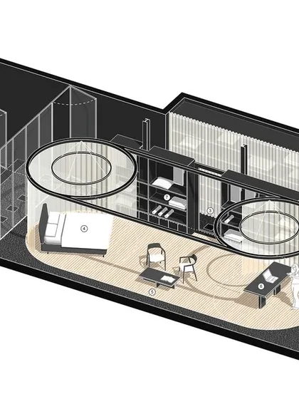 This axonometric view illustrates the core concept of 'The Veiled Project'. It shows the capsule-like display areas and the carefully orchestrated circulation path, designed to guide visitors through a series of unveiled moments within a restrained, monastic material palette.