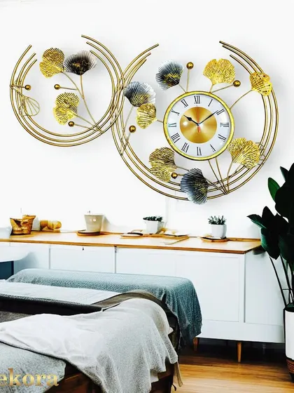 A dual-circle wall clock with a floral motif, combining geometric shapes with natural elements for a balanced and modern look.