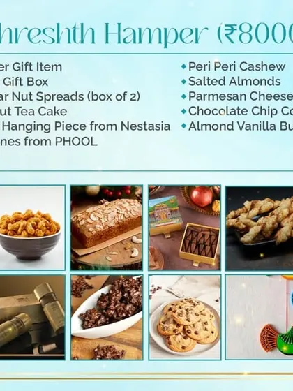 A complete list of the treats and gifts included in our 'Shreshth Hamper'. You'll find a mix of our cakes, cookies, and savoury snacks alongside premium coffee and decor.