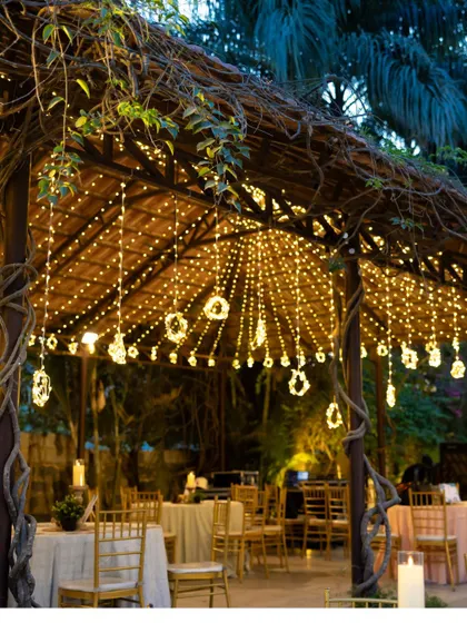 An enchanting evening setting under a canopy of fairy lights. This kind of ambient lighting is perfect for creating a magical and intimate atmosphere for any celebration.