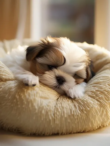This little Shih Tzu puppy looks like a fluffy donut curled up in this plush bed. We provide extra soft bedding for our smallest guests.