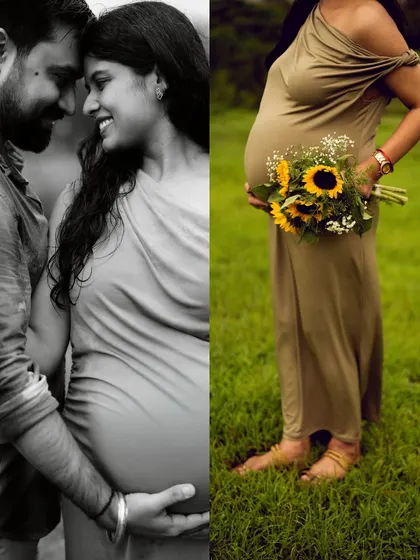 A collage pairing an intimate black and white embrace with a color shot of the mom-to-be holding sunflowers. It shows both the romantic connection and the vibrant joy of pregnancy.