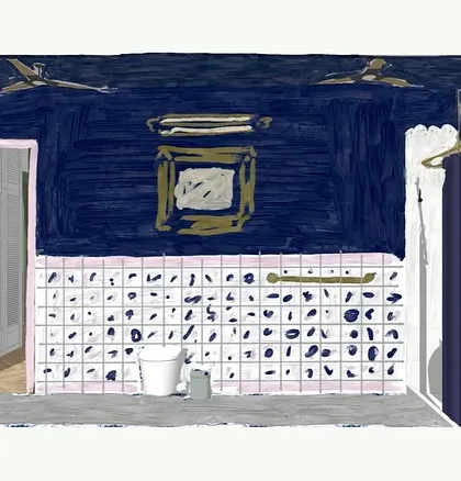A concept sketch of the artist's bathroom. This initial drawing explores the bold color blocking and custom tile layout that define this uniquely personal and creative space.