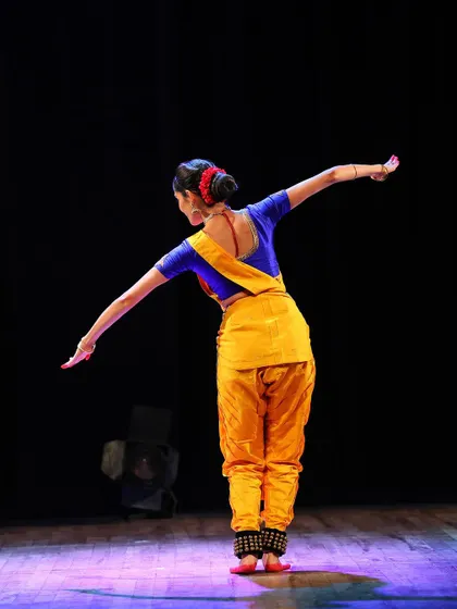 The dancer's posture from behind, showing the symmetry and deliberate placement of every part of the body, which is crucial for authentic Bharatanatyam.