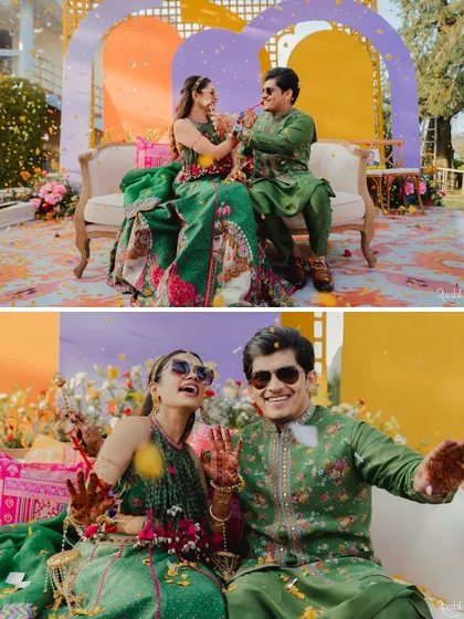 A collage of the couple enjoying their Haldi ceremony, from playful moments to getting showered with confetti.