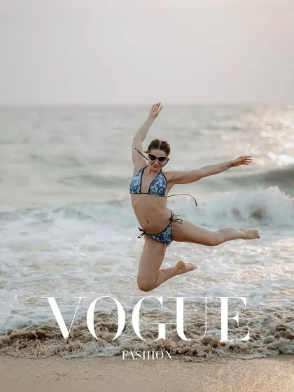 This dynamic leap against the ocean waves has a powerful, liberating feel. It's a perfect shot for a swimwear or activewear brand campaign.