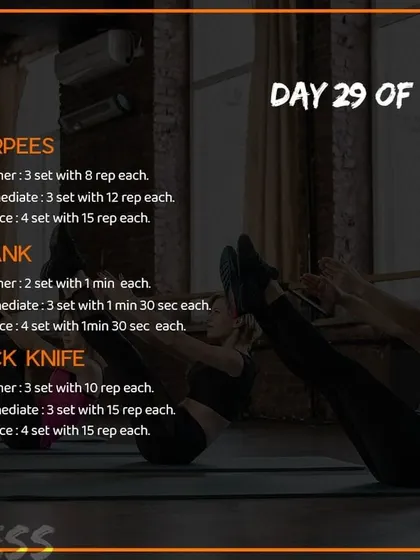 Here is a sample workout from one of my fitness challenges, including burpees, planks, and jack knives. It provides different rep and set schemes for beginner, intermediate, and advanced levels.