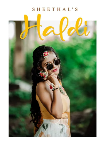A cool, poster-style image of the bride in sunglasses, perfectly capturing the fun and modern vibe of her Haldi party.