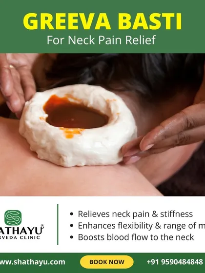 This is Greeva Basti, a specialized treatment for chronic neck pain and stiffness. By pooling warm, medicated oil on the cervical region, I can effectively relieve pain from conditions like cervical spondylosis, reduce stiffness, and enhance the flexibility and range of motion in your neck.