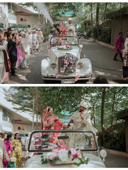 The couple makes a grand exit in a vintage car, surrounded by friends and family.