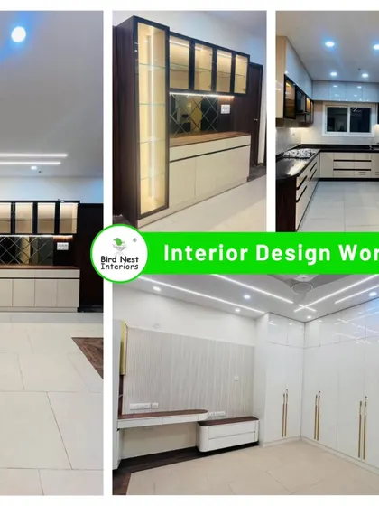 A collage of our recent interior design work, featuring a stylish crockery unit, a modern modular kitchen, and a bedroom with a sleek white wardrobe and vanity.