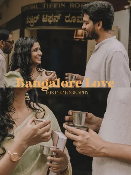 Pre-wedding shoots can be as simple as visiting your favorite local spot. This "Bangalore Love" session, complete with filter coffee, captures the couple's authentic connection in a familiar, urban setting.