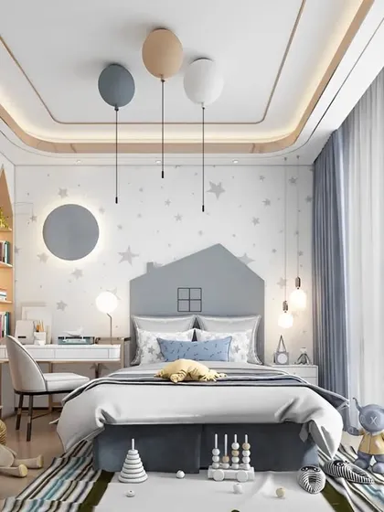 A whimsical and modern room with a calming grey and white color scheme. The design features a house-shaped headboard, mountain-themed storage, and charming balloon lights, creating a playful yet stylish atmosphere.