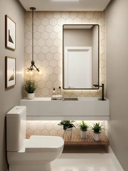 This small powder room features a beautiful hexagonal tile accent wall. The floating white vanity and under-shelf lighting make the space feel larger and more open.