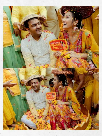 A playful collage from a Haldi ceremony, where the couple is seen enjoying the rituals with fun props and surrounded by loved ones. It captures the lighthearted and joyous spirit of the event.