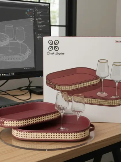 This shows the design process for our leatherette and cane trays, from the digital concept to the finished product, ready for serving.