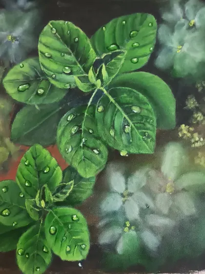 An oil painting study of water droplets on leaves. This technical exercise is about capturing the reflection and transparency of water, making the leaves look fresh and lifelike.