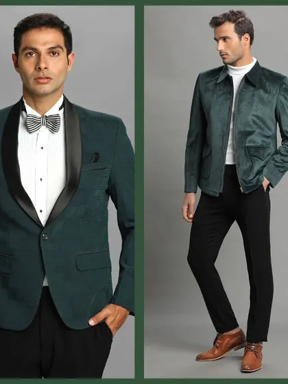 A green velvet bomber jacket and a green tuxedo. Two unique ways to wear this trendy color.