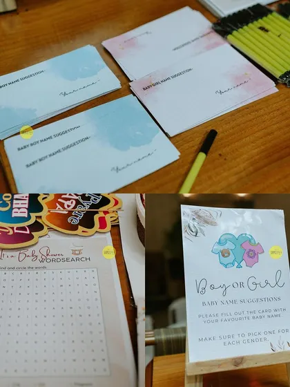 A closer look at some of our baby shower game stationery. We provide everything from "Baby Name Suggestion" cards to word search games, all designed to match the party's theme.