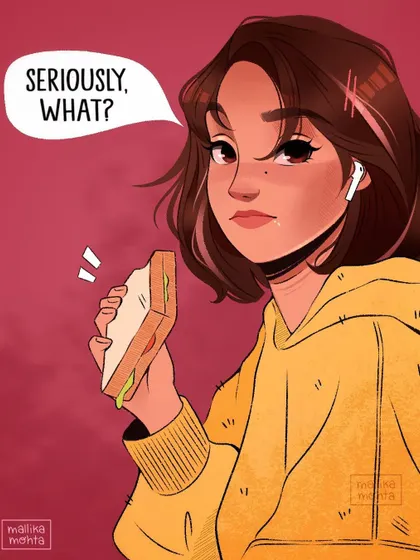 A character illustration capturing a relatable, annoyed expression while eating a sandwich. I love creating expressive characters that tell a small story, perfect for comics or social media content.