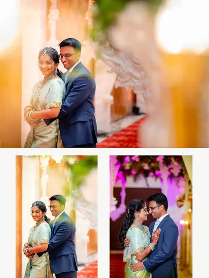 A collage of romantic portraits of the couple at their reception. We play with light and angles to create a variety of beautiful shots.