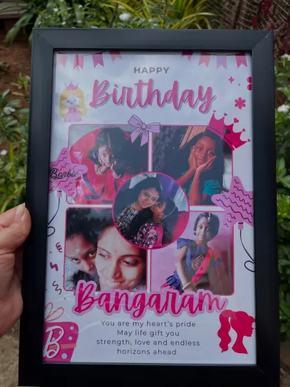 Here is another look at the custom "Happy Birthday" frame we made for a little princess. This view, taken outdoors, shows how the colors pop and the photos stand out in natural light.