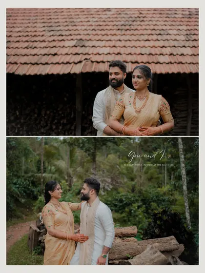 An intimate portrait of a couple amidst the serene beauty of Sringeri. The natural landscape and traditional attire come together to create a timeless and soulful image.
