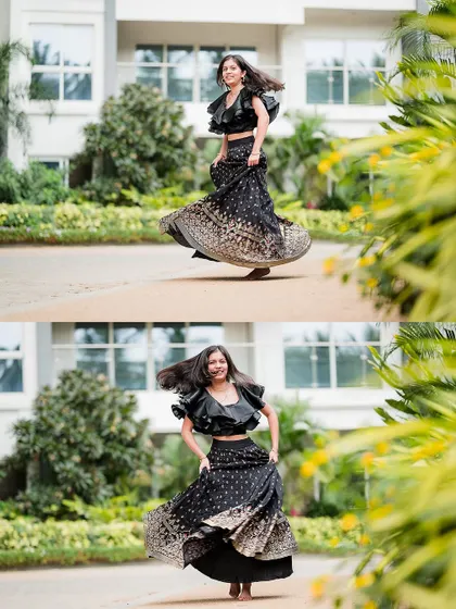 A young woman twirls joyfully in a beautiful lehenga. This captures the celebratory spirit and individual personalities within the family.