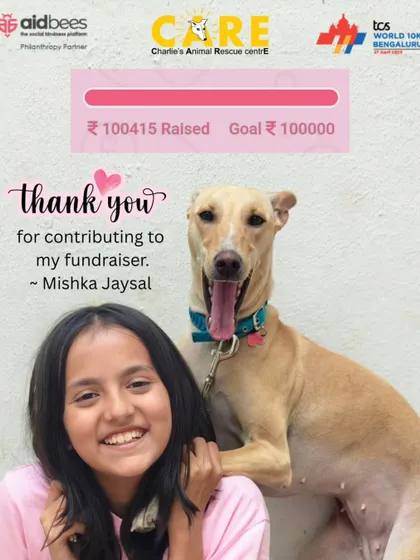 A huge congratulations to our young leader, Mishka Jaysal, for reaching her fundraising goal for the TCS 10K! At just 11 years old, she shows us all what it means to be a champion for animals.