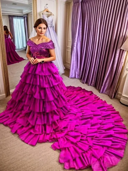This two-tone purple and pink ruffle gown with a dramatic long trail is pure glamour. It's a perfect statement piece for a fashion-forward photoshoot or a grand reception.