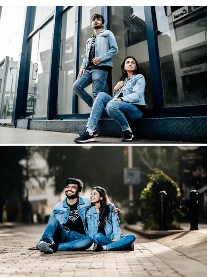 A collage of stylish urban pre-wedding photos, with the couple posing against modern architecture and on a quiet city street.
