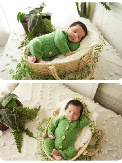 A two-photo collage showing a newborn both sleeping and smiling in the same green-themed setup. This highlights the different precious moments we can capture during a session.