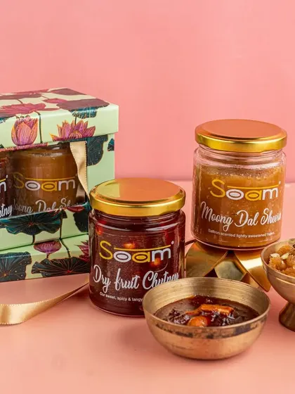 My Festive Favourites box is full of tradition and taste. It features my signature Moong Dal Sheera and Dry Fruit Chutney, a perfect gift for any celebration.