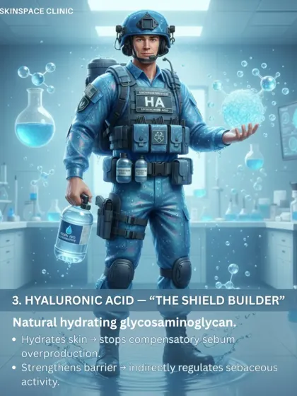 Hyaluronic Acid is "The Shield Builder." By providing deep hydration, it prevents the skin from overcompensating with excess oil production, helping to maintain a healthy skin barrier and regulate sebaceous activity.