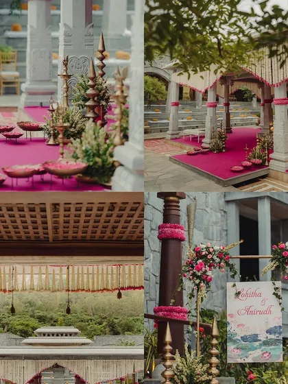 A collage showcasing various elements of a South Indian wedding, from the pink-themed decor to the traditional mandap.
